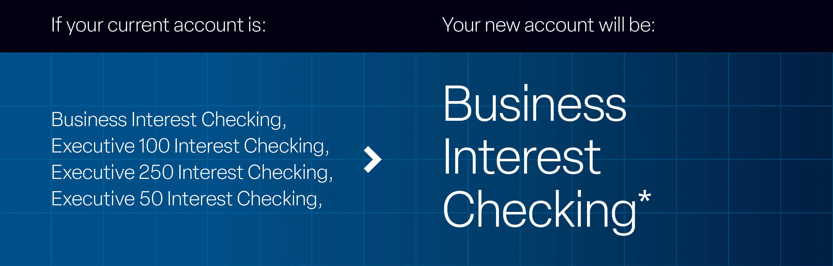 Business Checking Essentials, Executive 100 Checking, Executive 250 Checking, Executive 50 Checking or Executive Business Checking is now Marketplace Checking